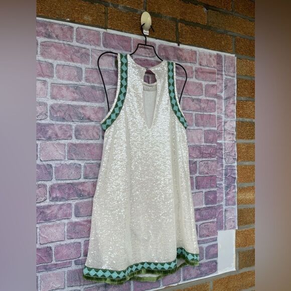 PHO FIRENZE WHITE SEQUIN MINI DRESS WITH DECORATED PROFILES XS - Picture 14 of 17